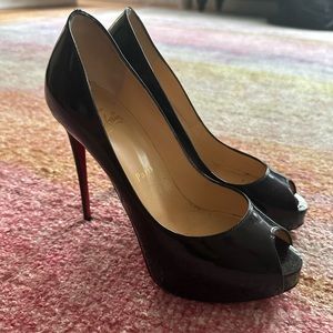 Black Patent Leather Open-Toe Louboutin Stilettos, Size 6.5 / 36.5 Women's